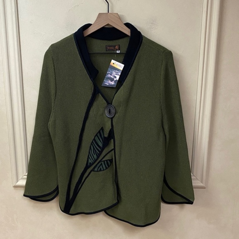 Tivoli of Ireland Asymmetrical Cardigan Women's XL Beige Leaf Pattern Lagenlook